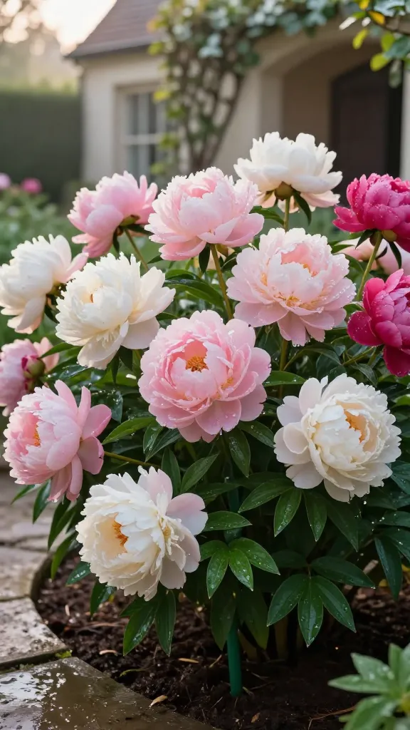 Ultra-realistic close-up garden scene featuring lush, fully bloomed peonies as the star subject—massive, ruffled, couture-like petals in soft blush pinks, creamy whites, and deep magenta, with dewy, velvety textures and a subtle, romantic fragrance implied by morning mist. The plants are established clumps with glossy, deep green foliage, planted along a stone path near an inviting entrance, bathed in warm early-morning spring light. Show sturdy, discreet green stakes supporting heavy blooms after a light rain, with water droplets on petals and leaves. The soil is well-drained loam, slightly mulched, and the peony “eyes” aren’t visible above ground, hinting at correct planting depth. Background softly blurred with a classic cottage-style facade and climbing vines, emphasizing the peonies as the focal point. Shot on a full-frame camera, 50mm lens, f/2.8 for shallow depth of field, high dynamic range, natural color grading, hyper-detailed textures, lifelike realism, no text.