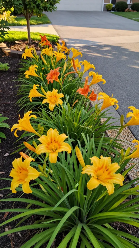 A realistic, high-resolution photo of a lush border of perennial daylilies (Hemerocallis) in peak bloom along a sunny suburban driveway and garden edge. Focus on vibrant, reblooming yellow ‘Stella de Oro’ daylilies mixed with a few orange and apricot cultivars, showing numerous fresh trumpet-shaped flowers and unopened buds to convey continuous, clockwork blooming. Capture morning golden light with gentle shadows, dew-kissed strappy green foliage, and dense clumps suggesting mature plants that have been divided over the years. Background includes a neat mulched bed, well-drained soil, and a partial-shade area under a small ornamental tree to show versatility; hints of heat-tolerant landscape elements (stone edging, light gravel) reinforce low-maintenance appeal. Shallow depth of field keeps the front daylily blooms crisp and detailed—velvety petals, ruffled edges, prominent stamens—while the driveway and house facade softly blur. Ultra-realistic, natural color grading, 50mm perspective, no text.