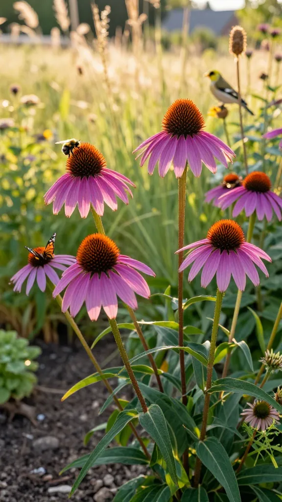 Close-up, realistic high-quality photo of vibrant purple-pink coneflowers (Echinacea) in full bloom dominating a sunny cottage-prairie style garden bed, with a soft golden late-afternoon backlight. Show several mature plants with sturdy, slightly rough stems and narrow, lance-shaped green leaves, each flower featuring prominent raised copper-orange spiky seed cones surrounded by drooping ray petals. Include a few native pollinators (a bumblebee and a monarch butterfly) actively visiting blooms, and a goldfinch perched on a dried seedhead in the background to hint at winter interest. The scene should convey heat- and drought-tolerant resilience: well-drained, slightly rocky soil, a naturalistic drift planting, and gentle movement suggested by a light breeze. Depth of field: sharp focus on foreground coneflowers and pollinators, softly blurred background with complementary grasses and airy perennials, warm tones, realistic textures, no text.