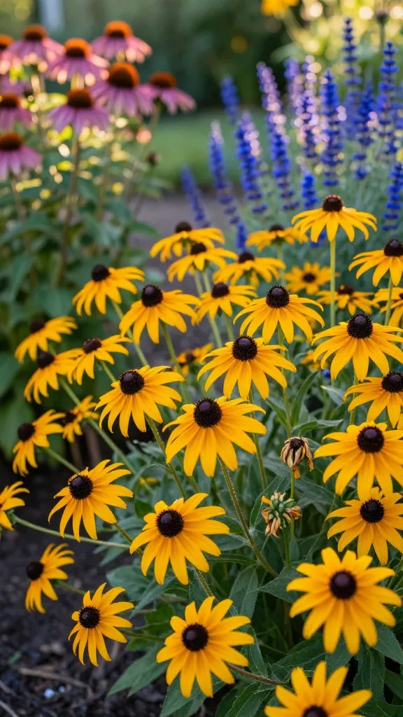 Close-up, realistic high-resolution photo of a sunlit mass planting of Black-eyed Susans (Rudbeckia hirta) in peak bloom from midsummer to early fall, showcasing dozens of golden-yellow, daisy-like petals with dark chocolate-brown central cones. Include a soft, natural garden setting with complementary drifts of purple coneflowers (Echinacea purpurea) and tall blue salvia in the midground to emphasize the warm–cool color contrast. Capture the scene in golden-hour light with gentle backlighting that creates a warm glow on the petals and soft bokeh in the background. Show healthy, slightly rough, lance-shaped green foliage and a few faded, deadheaded stems to hint at ongoing care. Composition should be eye-level to slightly low, focusing on texture and detail of the flower faces, with a shallow depth of field and a naturalistic, lightly mulched bed—no visible text, signage, or people.