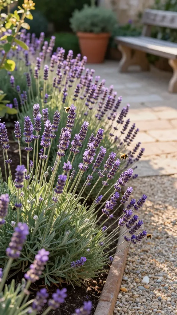 Ultra-realistic garden photo at golden hour featuring a lush drift of blooming perennial lavender (Lavandula angustifolia) lining a sunlit gravel path beside a rustic stone patio, showcasing soft purple flower spikes and silvery-green foliage. The plants are in raised, well-drained, slightly mounded beds with visible gravel mulch, set in full sun with warm, low-angle light casting gentle shadows. Include a few honeybees and bumblebees visiting the blooms, a terracotta pot and weathered wooden bench in the background, and distant Mediterranean-style shrubs for context. Shallow depth of field highlights the lavender texture and color; high-resolution, natural color grading, no people, no text.