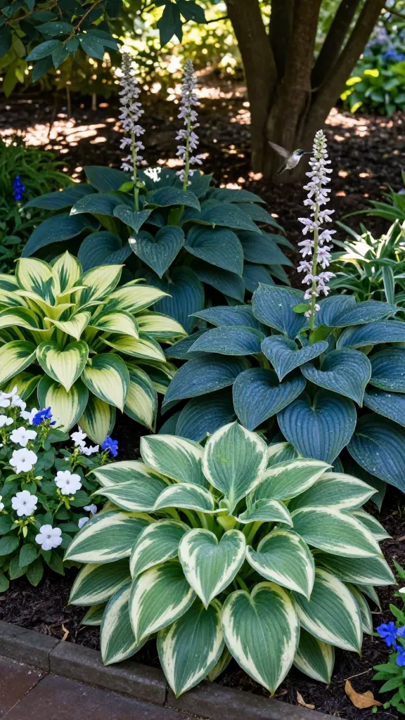 Ultra-realistic garden photo of lush hosta plants as the focal subject, showcasing multiple varieties in layered groupings under dappled tree shade—leaf colors ranging from deep emerald and blue-green to striking variegated white-and-green and chartreuse; mix of sizes from mini mounds to giant, architectural clumps to create depth and texture. Include dew-kissed, broad, corrugated leaves with pronounced veins and subtle gloss, and elegant lavender-white summer flower scapes rising above the foliage, with a hummingbird mid-hover sipping from a bloom. Set along a shady border beneath mature trees with filtered light, mulched soil, and moisture-rich conditions; companion pops of cool-toned annuals (white impatiens, blue lobelia) at the edge for contrast. Naturalistic composition, shallow depth of field, soft morning light rays through leaves, 50mm lens look, high-resolution, true-to-life colors, no text.
