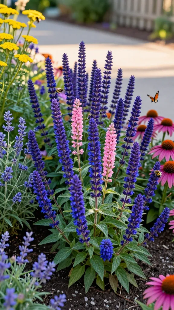 Close-up, high-resolution realistic photo of a sun-drenched perennial flower border anchored by vibrant salvia (main subject), showcasing vertical spikes in shades of deep purple and electric blue, with a few soft pink spikes mixed in. The salvias are mass-planted in rhythmic clumps along a gently curving border, their upright flower wands creating strong structure and energy. Surrounding companion perennials include buttery-yellow yarrow umbels, lavender-blue catmint mounds, and magenta-purple coneflowers with orange cones for high-contrast color. Multiple pollinators—honeybees, bumblebees, and a monarch butterfly—actively forage on the salvia spikes. The scene is shot in golden morning light with crisp detail: faint dew on leaves, slightly gravelly, well-drained soil visible between plants, and a blurred background of a sunny garden path and low picket fence. Depth of field isolates the salvia while keeping companions identifiable; natural colors, no filters; 50mm lens look, tack-sharp focus on salvia florets and pollinators.