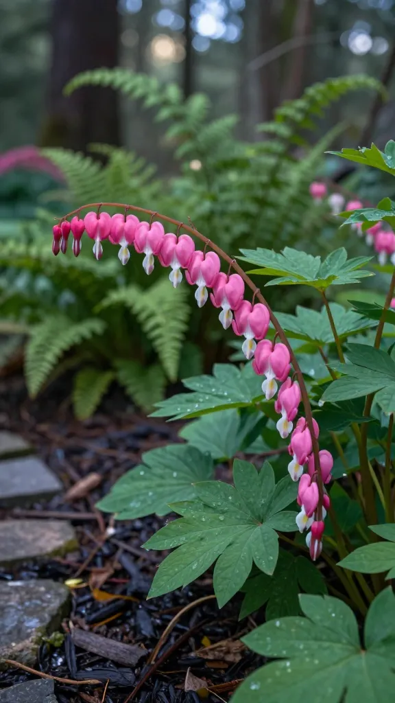 Realistic, high-resolution spring garden close-up featuring Bleeding Hearts (Dicentra) as the main subject: arching stems laden with delicate, heart-shaped pink blossoms with white tips, sharply in focus against a softly blurred, cool-toned woodland backdrop. Plant is situated in dappled, partial shade beneath tall trees, growing in rich, moist, dark mulch. Surrounding companions include unfurling fern fronds and broad, textured hosta leaves that hint at filling space after dormancy. Include a narrow stone path running nearby to suggest close-up viewing. Early morning soft light with gentle highlights on the petals, slight dew on leaves, natural color palette of pinks, fresh greens, and earthy browns. Shot on a full-frame DSLR with a 100mm macro lens, shallow depth of field (f/3.2), bokeh background, ultra-realistic detail, no text.