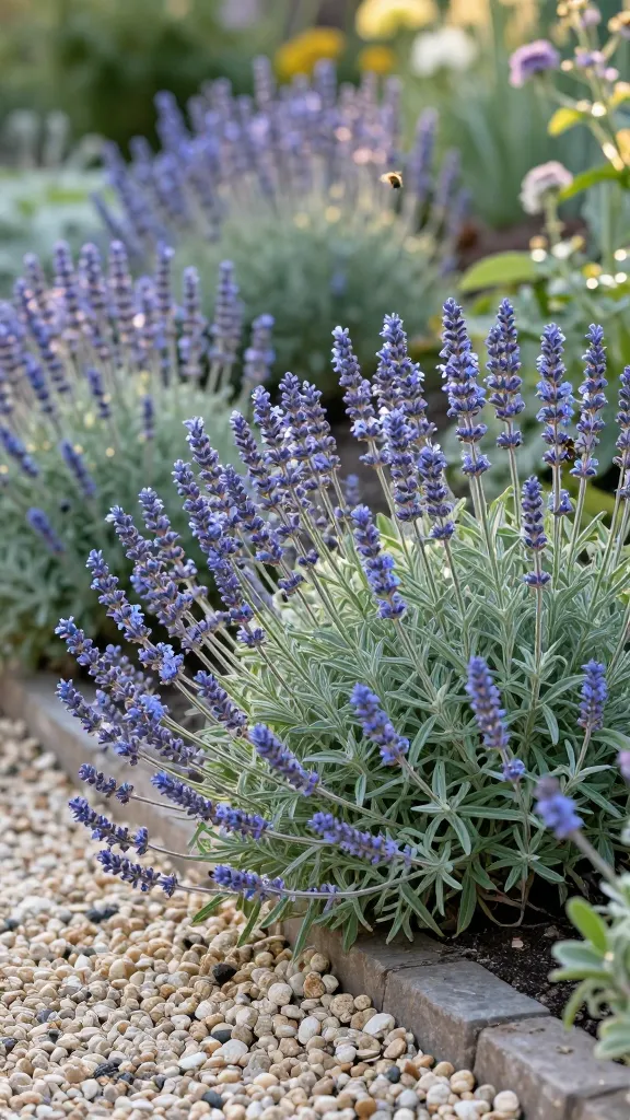 Realistic high-resolution garden photography of a lush drift of blooming catmint (Nepeta ‘Walker’s Low’) in full sun, forming graceful, airy mounds covered in dense blue-lavender flower spikes from late spring into summer. The plants are tidy and rounded, set along a gravel garden edging with light pea gravel and a rustic stone path. Silver-green, aromatic foliage contrasts with the cool-toned blossoms. Soft golden afternoon light, shallow depth of field with a gentle bokeh background showing a few blurred honeybees visiting the blooms. No deer or damage visible, emphasizing a healthy, carefree, low-maintenance look. Naturalistic composition at knee height, crisp detail on flower spikes, realistic colors and textures, 50mm lens, f/2.8, ISO 200.