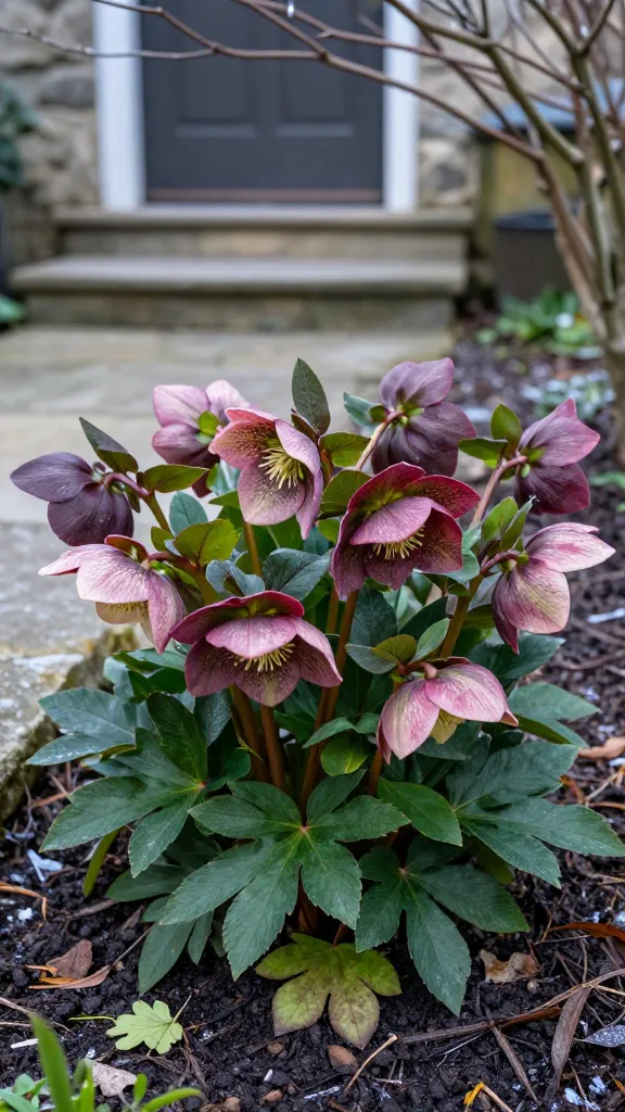 Close-up, realistic high-resolution photo of hellebores (Lenten roses) blooming in late winter in a shaded garden bed near a stone patio entryway. Nodding, cup-shaped flowers in a mix of moody maroons, dusty pinks, and speckled cream varieties rise above glossy, evergreen, deeply lobed foliage. A few freshly cut old leaves lie mulched at the base, revealing tidy new growth. The soil appears well-drained and rich with dark humus and leaf litter. Soft, cool morning light filters through bare tree branches, with a subtle breath of frost on surrounding mulch and stones hinting at the season. Shallow depth of field isolates a cluster of blooms in the foreground, with the patio steps and a weathered door softly blurred in the background. Natural color grading, crisp botanical detail, no text.