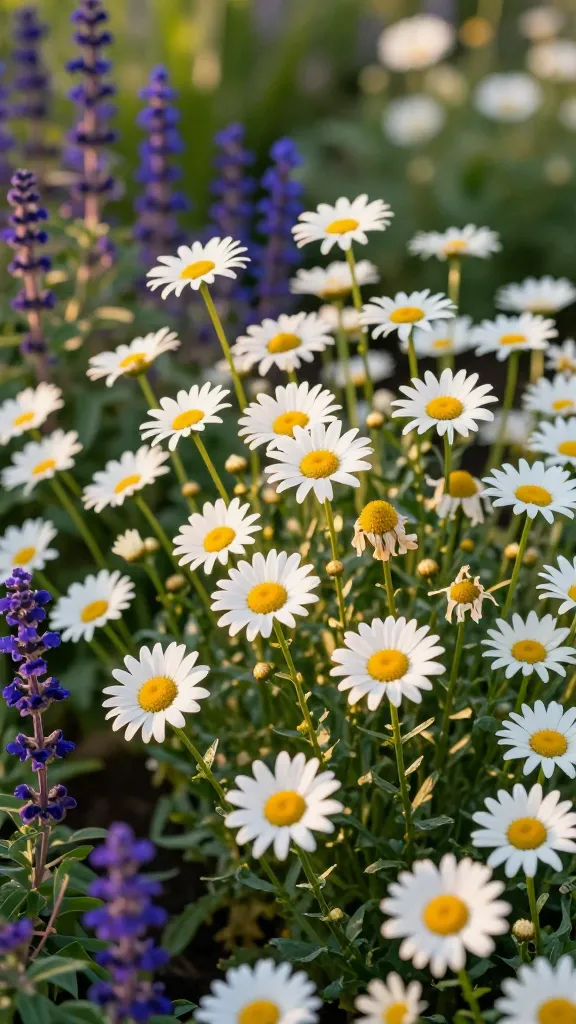 Realistic high-resolution photo of a sunlit summer garden drift of Shasta daisies (Leucanthemum x superbum) in full bloom, captured at golden hour. Focus on abundant clusters of tall, sturdy stems topped with crisp white ray petals and bright yellow button centers, with a few unopened buds and spent blooms showing light deadheading in progress. Surround the mass planting with complementary blues and purples—salvia spikes and catmint—creating strong color contrast. Naturalistic meadow-chic layout with a slight breeze ruffling petals and narrow, glossy green foliage; no staking or flopping. Background softly blurred to suggest an expansive border, with warm, low-angle light casting gentle shadows and enhancing petal texture. Hyper-real detail, shallow depth of field, true-to-life colors, DSLR-quality macro-lens clarity, no text.