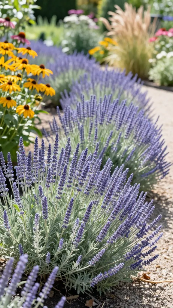 Realistic high-resolution photo of a sun-drenched garden border in late summer featuring a sweeping drift of Russian sage (Perovskia) as the main subject: tall, airy wands of lavender-blue flowers on silvery, slightly woody stems create a hazy, shimmering veil. The plants are massed along a long bed, gently swaying in a light breeze to convey movement. Surrounding companions include warm golden rudbeckia, purple-pink coneflowers, and tawny ornamental grasses that add texture without overpowering the Russian sage. The scene is set in full, bright midday sun with crisp shadows, dry, well-drained soil with pea gravel mulch visible, and a soft, out-of-focus background suggesting an expansive garden horizon. Colors are natural and nuanced—cool lavender-blues and silvery foliage contrasted with sunlit golds and soft greens. Depth of field shallow-to-medium to keep Russian sage plumes sharp and luminous while the background recedes. No people, no labels, no text—just a serene, airy, elegant summer border showcasing Russian sage as the star.
