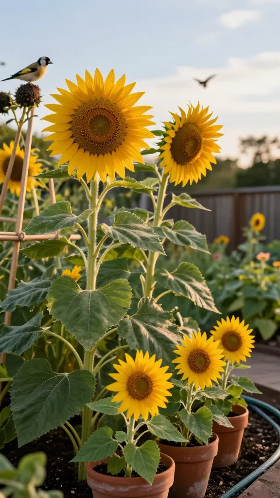 Golden-hour close-up of a small backyard garden bursting with towering, sun-tracking sunflowers as the star subject—giant varieties in the background staked with natural bamboo supports, and a cheerful row of dwarf sunflowers thriving in rustic terracotta containers up front. The scene shows vivid, realistic detail: broad, velvety green leaves with slight insect nibbles, thick textured stems, and huge, beaming sunflower faces with rich brown centers dusted in pollen and ringed by glowing yellow petals. A soft, shallow depth of field captures a few goldfinches perched on seed heads in the background, with one blurred in flight. Warm sunlight rakes across the flowers from the right, casting gentle shadows and highlighting fine hairs on stems. A neatly mulched bed, moist dark soil, and a coiled hose suggest deep weekly watering. Subtle background elements include a wooden fence, a blue sky with faint clouds, and hints of other summer blooms. Ultra-realistic, high-resolution, natural color grading, no text.