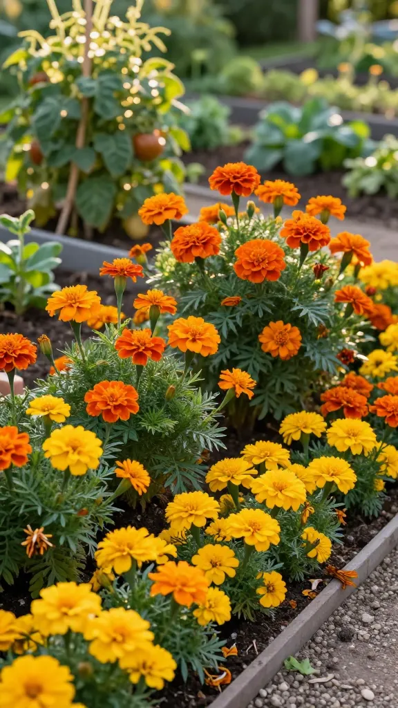 Realistic, high-resolution garden photo at golden hour showcasing a lush border of marigolds in peak bloom, with vibrant warm oranges and sunny yellows dominating the scene. In the foreground, neat edging of compact French marigolds with finely cut foliage forms a tidy ribbon along a gravel path; just behind them, taller African marigolds display large, round pom-pom blooms. The marigolds are planted among a sun-drenched vegetable bed with healthy tomato plants staked in the background, suggesting companion planting. Subtle signs of spent blooms being deadheaded (a gardener’s hand slightly out of frame or a small pile of clipped flower heads) hint at easy maintenance. The soil appears poor-to-average and well-drained, with mulch patches. Lighting is warm and natural, with soft bokeh, crisp petal detail, and visible pollen-rich centers; a few beneficial insects like ladybugs or a single bee are present. No labels or text, hyper-realistic macro-friendly detail, shallow depth of field, 50mm lens look.