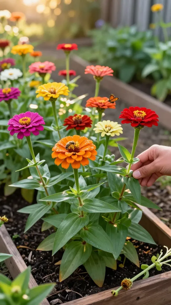 A sun-drenched summer garden bed overflowing with vibrant zinnias in every color—magenta, tangerine, lemon yellow, cherry red, fuchsia, coral, white, and bi-color—captured in a hyper-realistic, high-resolution photo at golden hour. Show a mix of single, double, and pompon blooms on sturdy green stems with healthy, matte lance-shaped leaves. Include a few pollinators (a honeybee and a monarch butterfly) visiting open flower centers. In the background, blurred rows of additional zinnia plants in well-drained soil with visible mulch; a soft bokeh of warm sunlight and a hint of a rustic garden fence. Emphasize crisp petal texture, dewy morning freshness without visible overhead water droplets, and natural shadows. Composition includes a gardener’s hand gently pinching a young side shoot on one plant and a clean-cut harvested stem laid on a nearby wooden trug, suggesting cut-and-come-again growth. Shot on a full-frame DSLR, 85mm lens, f/2.2, ISO 200, realistic colors, no text.
