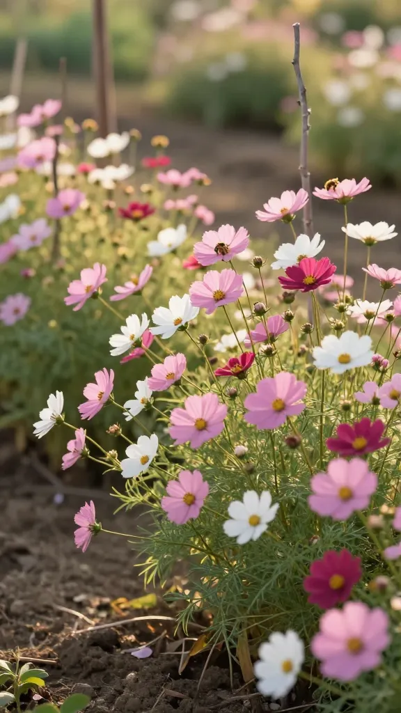 Realistic close-up garden photograph of cosmos flowers swaying in a light breeze, captured at golden hour. Airy, daisy-like cosmos blooms in shades of soft pink, white, and magenta rise on slender, delicate stems above feathery foliage, creating a confetti-like effect. The scene shows a sunlit cottage-style border with lean, slightly dry soil and minimal surrounding foliage to emphasize thriving blooms over leaves. A few taller cosmos are subtly supported with natural twig stakes in the background, suggesting a breezy, open site. Soft bokeh of a sunny, pollinator-friendly garden with a honeybee visiting one bloom. Warm, directional sunlight, gentle shadows, high-resolution detail on petals and pollen, shallow depth of field, realistic color grading, no text.