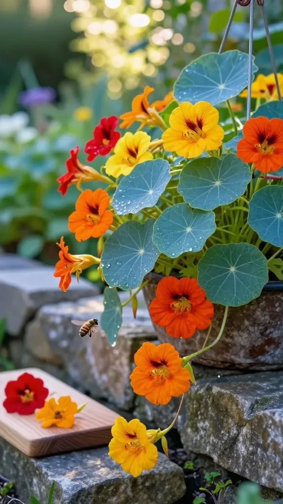 Ultra-realistic close-up garden scene featuring nasturtiums as the main subject: trailing and compact varieties spill from a rustic hanging basket and soften a low stone border, showcasing vibrant jewel-toned blooms (deep orange, golden yellow, ruby red) and rounded blue-green leaves with visible veining and dewdrops. A shallow depth of field highlights peppery edible flowers and leaves in crisp morning light, with soft bokeh of a sunlit cottage garden behind. Include a few blossoms artfully placed on a nearby wooden salad board to suggest edibility, and gentle hover of bees to imply pollinator appeal. Compose in full sun with subtle dappled shade, realistic textures, natural imperfections, and rich color accuracy; high-resolution macro details; natural outdoor photography, no text.