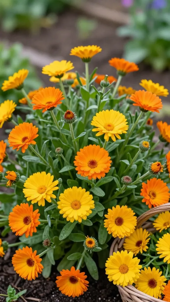 Close-up, realistic high-resolution photo of a lush calendula patch in full bloom, featuring vibrant daisy-like blossoms in saturated oranges and sunny yellows with slightly ruffled petals and resinous green centers. The plants are bushy and healthy with bright green, softly fuzzy lance-shaped leaves. Capture a cool spring-to-early-fall feel with gentle, diffused morning light and a softly blurred background of a mixed cottage garden bed. Include a few flower heads at different stages—tight buds, peak blooms, and a couple of spent heads being snipped with clean garden snips to suggest deadheading/harvest. Subtle dew on petals, natural soil mulch at the base, and a shallow wicker trug partially filled with freshly cut calendula blooms resting nearby. Natural color balance, crisp macro detail on petals and leaf texture, bokeh background, 50mm lens, f/2.8, realistic botanical photography, no text.