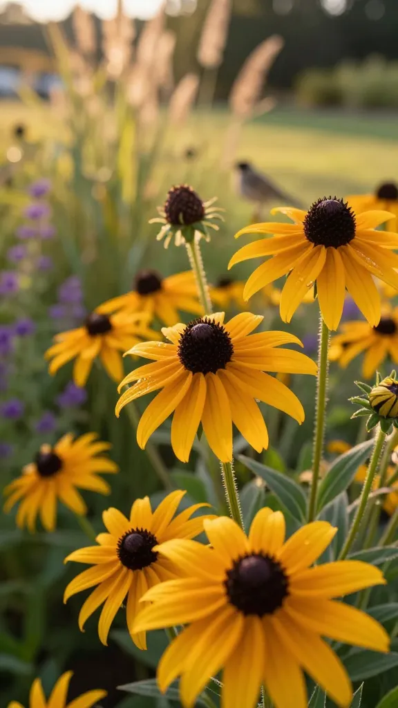 Golden-hour close-up of a thriving patch of Black-eyed Susans (Rudbeckia hirta) in full bloom, their rich golden-yellow petals radiating around dark chocolate-brown cone centers. Compose a realistic, high-resolution photo with a shallow depth of field: sharp focus on several foreground flowers at varying stages (fresh blooms and a few maturing seedheads), soft bokeh of a sunlit prairie-style garden behind. Include hints of complementary plants with airy grasses and muted purples in the background to suggest a low-maintenance border. Warm, directional sunlight highlights the velvety centers and subtle texture on the petals; a few dew drops catch the light. Natural, slightly imperfect leaves and stems show rugged vitality; a small songbird perched on a dried seedhead in the midground suggests winter interest. Color palette: warm golds, deep browns, sunlit greens. Shot on a full-frame camera with a 50mm or 85mm prime lens at f/2.8, ISO 100, 1/500s for crisp detail and creamy bokeh. No text, ultra-realistic botanical photography style.