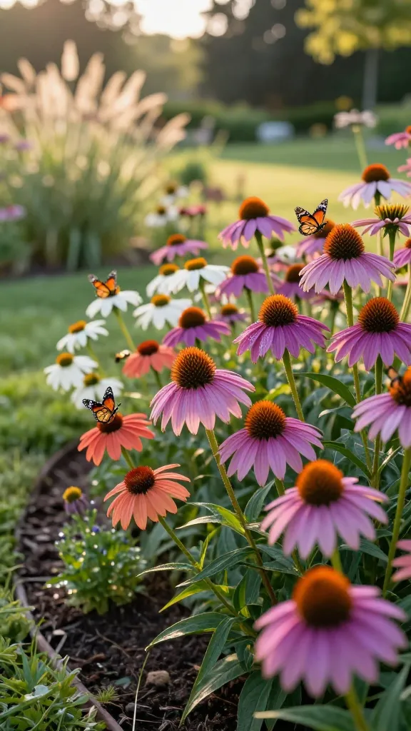 Realistic high-resolution garden photo at golden hour featuring a lush drift of blooming coneflowers (Echinacea) as the main subject, in full sun with soft backlighting. Include a naturalistic mix of colors—classic purple-pink Echinacea purpurea, white ‘White Swan,’ warm coral, and sunset-blend varieties—planted in a gently curving meadow-style bed. The scene shows well-drained soil mulched lightly, with airy ornamental grasses and a few low companion perennials for texture. Multiple butterflies (monarchs and swallowtails) actively visiting the daisy-like cone centers, with a few native bees in soft focus. Shallow depth of field highlighting coneflower petals and spiky cones, dewy summer atmosphere, slight breeze motion in petals, bokeh background of light shade from distant trees. Natural, editorial-quality lighting, rich but true-to-life colors, sharp macro detail on foremost blooms, no text.