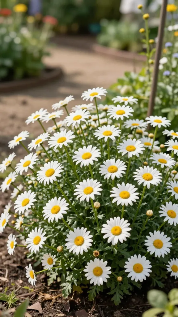 Ultra-realistic close-up garden photograph of Shasta daisies in peak bloom, showcasing crisp white ray petals and bright golden-yellow button centers against rich green foliage. A tidy clump forms a natural drift along a sunlit border, with multiple mature plants returning larger, creating depth. The scene is shot in warm late-morning light with soft shadows, highlighting the daisy texture and subtle petal translucency. Background shows a well-drained, mulched bed with hints of sandy loam and a blurred cottage garden behind. A few rain-sturdy discreet stakes subtly support taller stems, and spent blooms are cleanly deadheaded while fresh buds promise continuous flowering. Color palette is bright and airy: white, lemon-yellow, fresh green. Depth of field: shallow to medium for creamy bokeh, sharp focus on central flower cluster. Camera: full-frame DSLR, 85mm lens, f/3.5, ISO 200, 1/800s. No text, no people, natural realistic styling.