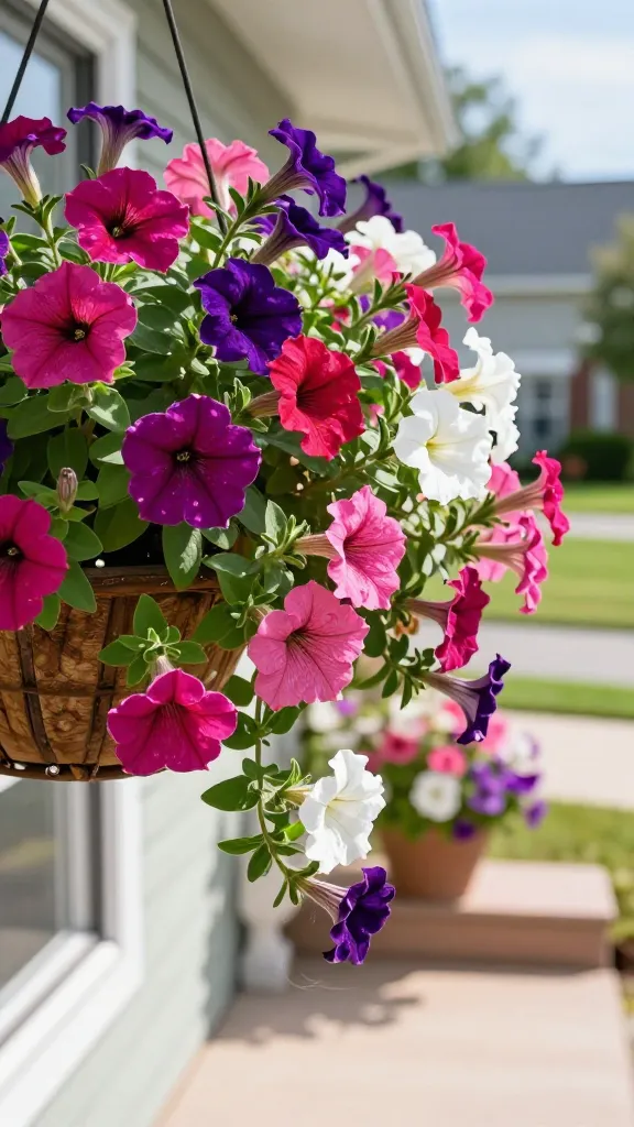 Close-up, high-resolution photo of a lush hanging basket overflowing with vibrant petunias (Wave and Supertunia types) cascading in rich shades of magenta, deep purple, hot pink, and white, with velvety trumpet-shaped blooms and fresh green foliage. The basket hangs on a sunny front porch with soft morning light creating gentle highlights and natural shadows, suggesting full-sun conditions. Subtle signs of consistent care: moist but not soggy potting mix visible at the rim, a discreet slow-release fertilizer bead or two in the soil, and neatly trimmed stems indicating midseason cutback for bushier growth. Background softly blurred suburban curb appeal scene with a tidy walkway and another container of petunias on the steps for context. Ultra-realistic detail: pollen-dusted throats, delicate petal veining, slight breeze lifting trailing stems, natural color balance, shallow depth of field, 50mm lens, f/2.8, crisp, bright, and inviting.