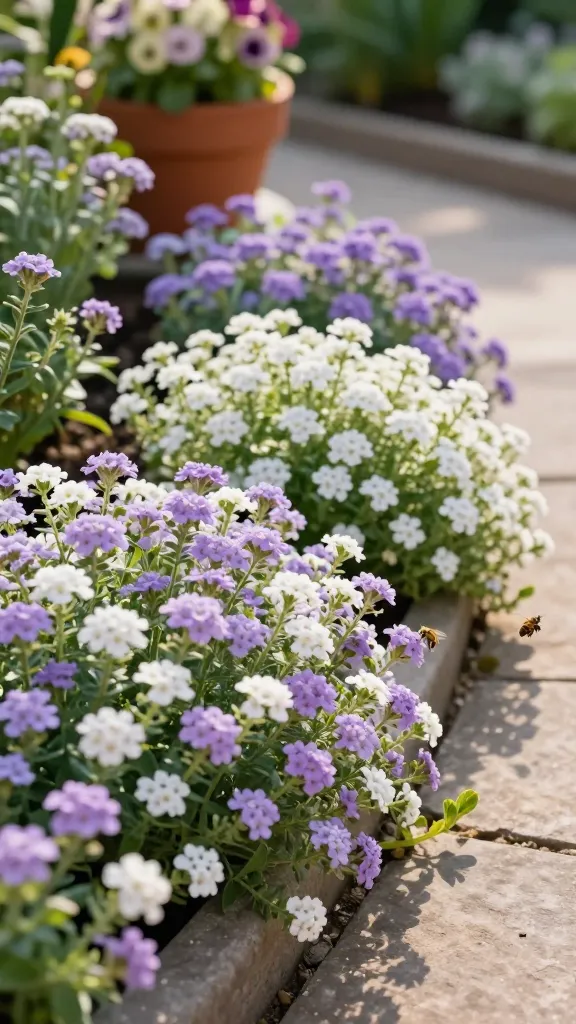 A realistic, high-resolution close-up garden scene of Sweet Alyssum (Lobularia maritima) forming a soft, low, honey-scented carpet of tiny white and pastel-lavender blooms along the edge of a stone pathway bordering a container grouping. The mat of flowers gently spills into the cracks, softening hard lines, with a few bees and hoverflies visiting the blossoms. Lighting is bright but gentle golden morning light, suggesting full sun to part shade. Include subtle signs of cool-season vigor—lush, dense clusters in the foreground—and a slightly thinner patch in the mid-ground hinting at heat fade, with fresh new growth rebounding nearby. Background features terracotta pots with complementary spring annuals slightly out of focus (bokeh), and a well-kept garden bed. Ultra-detailed petals and foliage texture, natural colors, shallow depth of field, crisp macro-level sharpness, realistic shadows, no text.