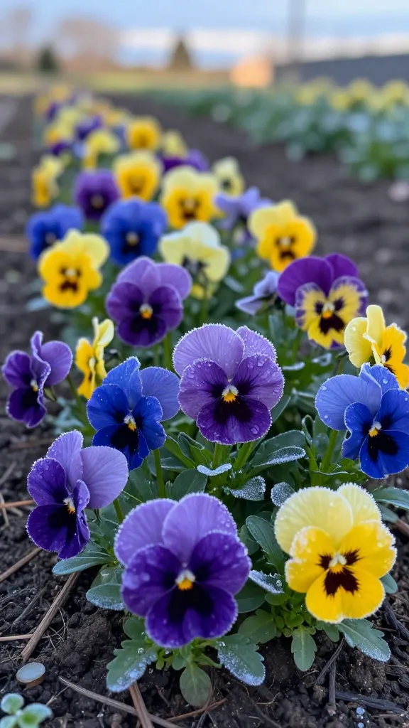 Close-up, realistic high-resolution photo of a vibrant patch of pansies and violas blooming on a crisp early-spring morning. Clusters of mixed cultivars show rich purples, velvety deep blues, sunny yellows, and delicate bicolors with dark “faces,” nestled in evenly moist, well-drained garden soil with subtle mulch. Soft rime frost edges some petals and leaves, catching cool, low-angle sunlight. A shallow depth of field highlights dewdrops and fine frost crystals on the blossoms, with a softly blurred background of a tidy garden bed and faint, cool-toned sky. Composition emphasizes freshness and cheerful color coordination, with a natural, slightly angled perspective at ground level. Lighting is natural and cool, with gentle warmth from the sun creating a crisp, early-morning sparkle. Ultra-detailed textures on petals and foliage, lifelike color accuracy, no text.