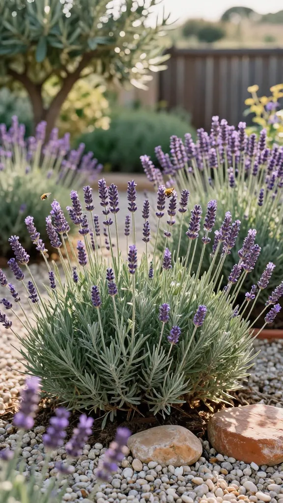 Realistic, high-resolution garden photo of a lush lavender patch in full bloom under bright, golden late-afternoon sunlight. Focus on dense mounds of silvery-gray foliage topped with abundant purple flower spikes (mix of English and French lavender forms), with bees and a butterfly visiting the blooms. The setting is a Mediterranean-style gravel bed with excellent drainage: pale pea gravel mulch, a few warm-toned stones, and a terracotta pot partially visible. Background shows a sunlit, blurred cottage garden with olive-green shrubs and a rustic wooden fence. Capture fine detail of the lavender’s narrow, aromatic leaves and velvety flower spikes, with soft bokeh and shallow depth of field, natural color grading, no text, ultra-realistic, 50mm lens look.