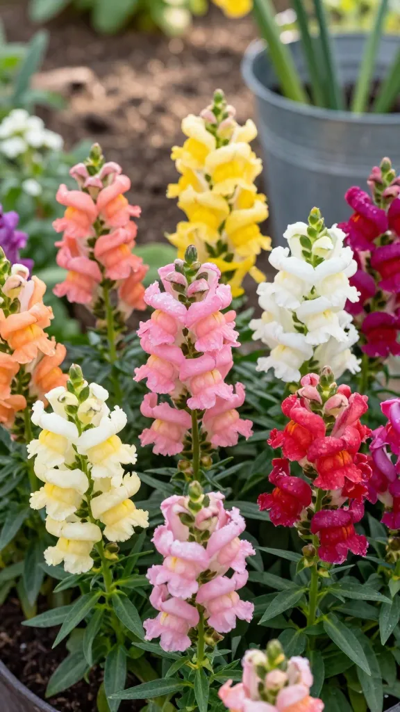 Close-up, high-resolution photo of a vibrant cottage garden bed filled with snapdragons in full bloom, showcasing tall, playful spikes of candy-colored flowers (pinks, peaches, yellows, corals, whites, and deep magentas). The plants are densely packed, pinched early for bushy growth, creating layered vertical interest with multiple flower spikes per plant. Soft morning light in cool spring conditions, gentle dew on petals, shallow depth of field highlighting crisp, velvety dragon-shaped blooms that appear to “snap” when pinched. Background shows a softly blurred sunny patch with rustic soil, a few unopened buds hinting at waves of bloom, and cut stems in a nearby galvanized bucket to suggest long-lasting cut flowers. Natural, realistic color tones, no text, editorial-quality macro-detail emphasizing texture, freshness, and nostalgic cottage-garden whimsy.