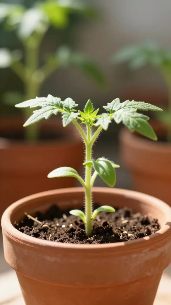 closeup of sunlit tomato seedling in small terracotta pot