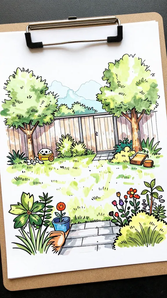 overhead shot of hand-drawn backyard garden sketch on clipboard