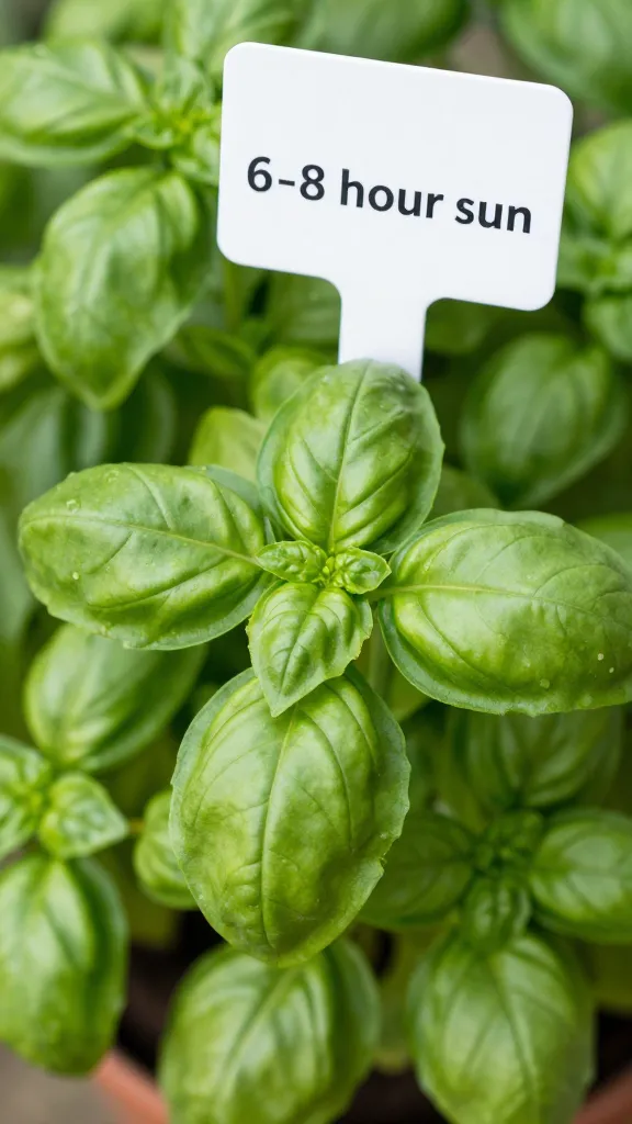 closeup of basil plant leaves showing 6–8 hour sun label