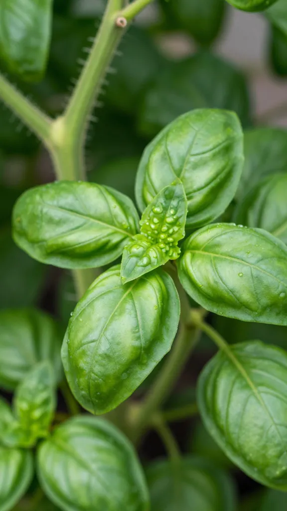 closeup of basil leaf cluster beside tomato vine