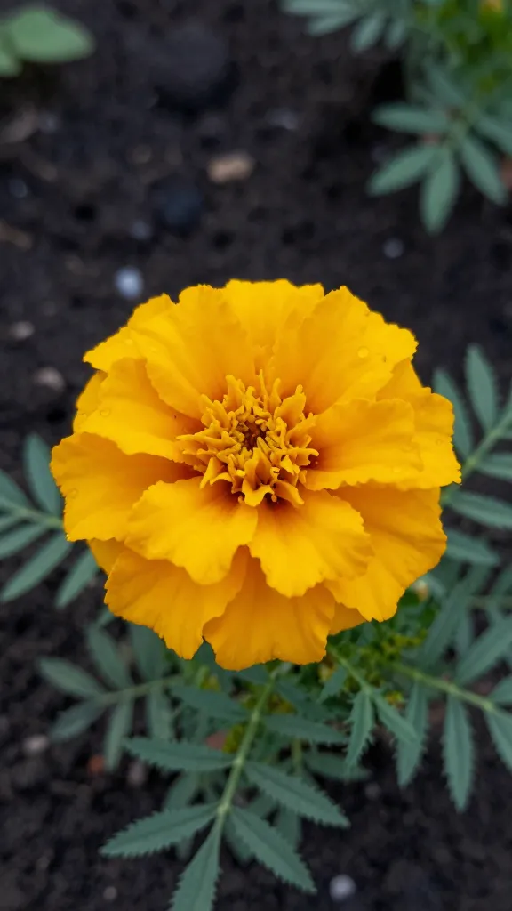single French marigold bloom against dark garden soil