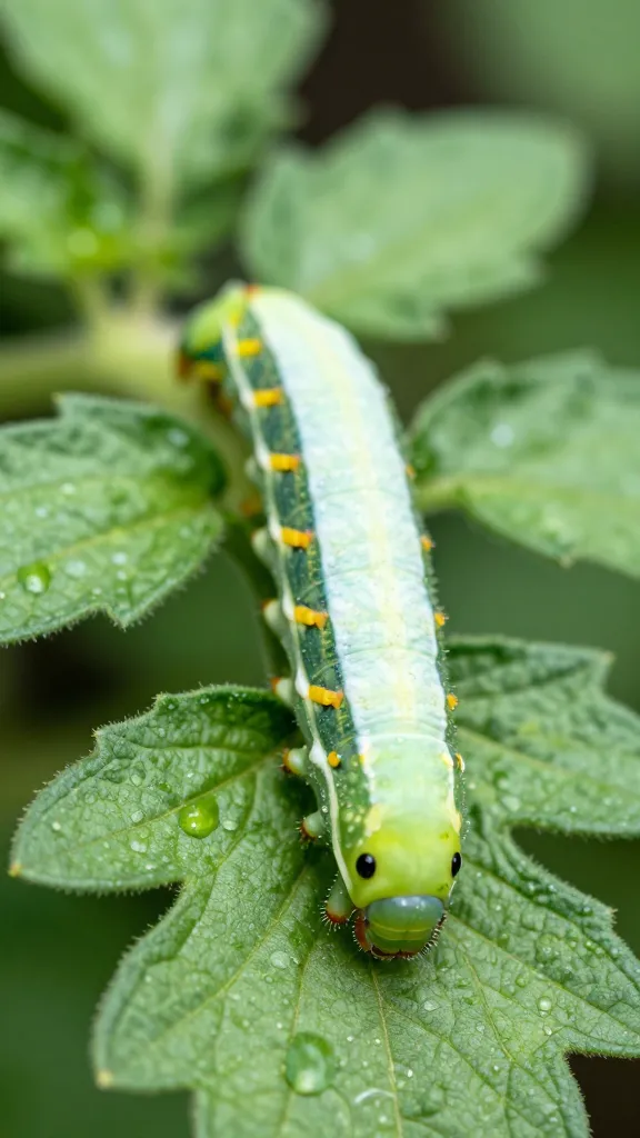 macro shot of tomato hornworm on tomato leaf
