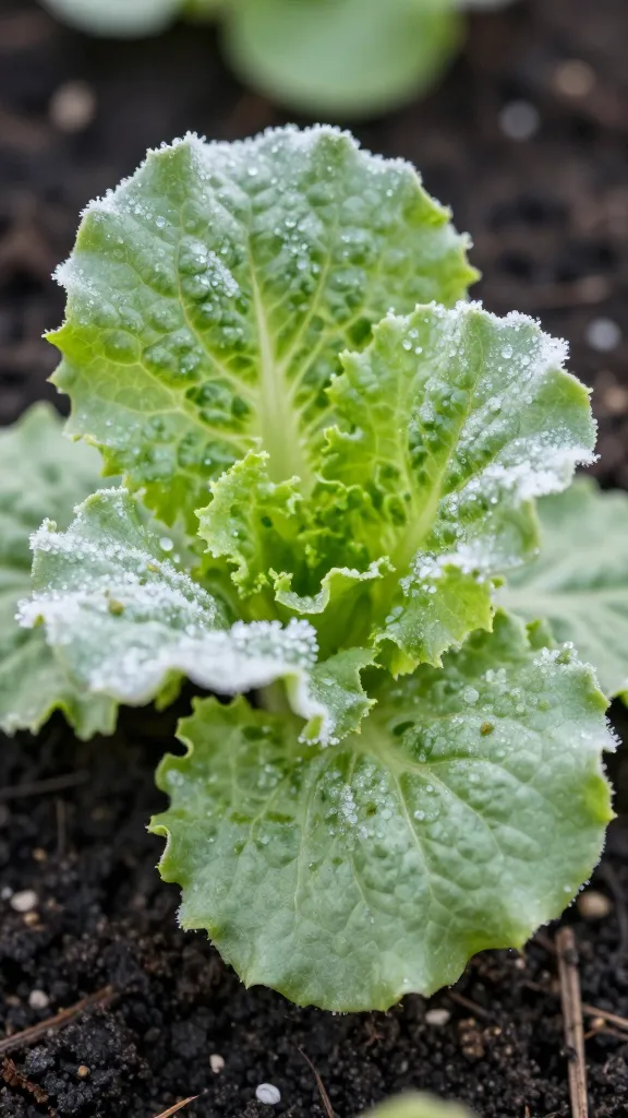 closeup of frost-kissed lettuce seedling in moist soil