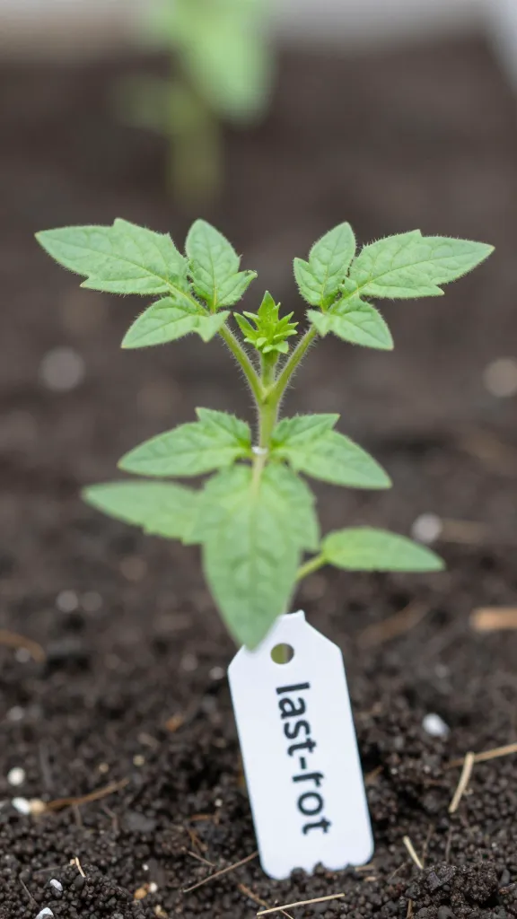 single tomato seedling with true leaves, labeled last-frost tag