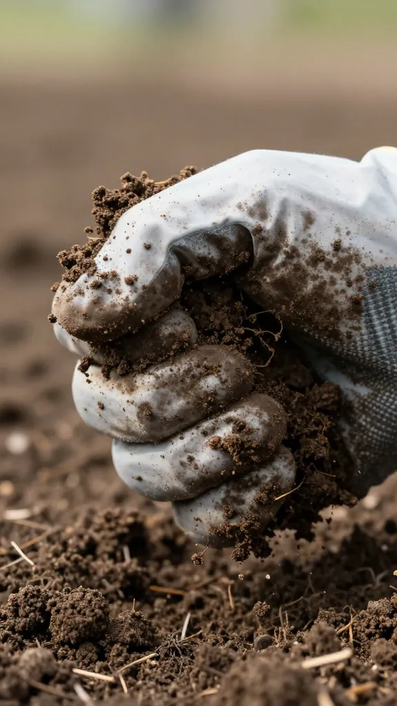 gloved hand squeezing garden soil, crumbly texture closeup