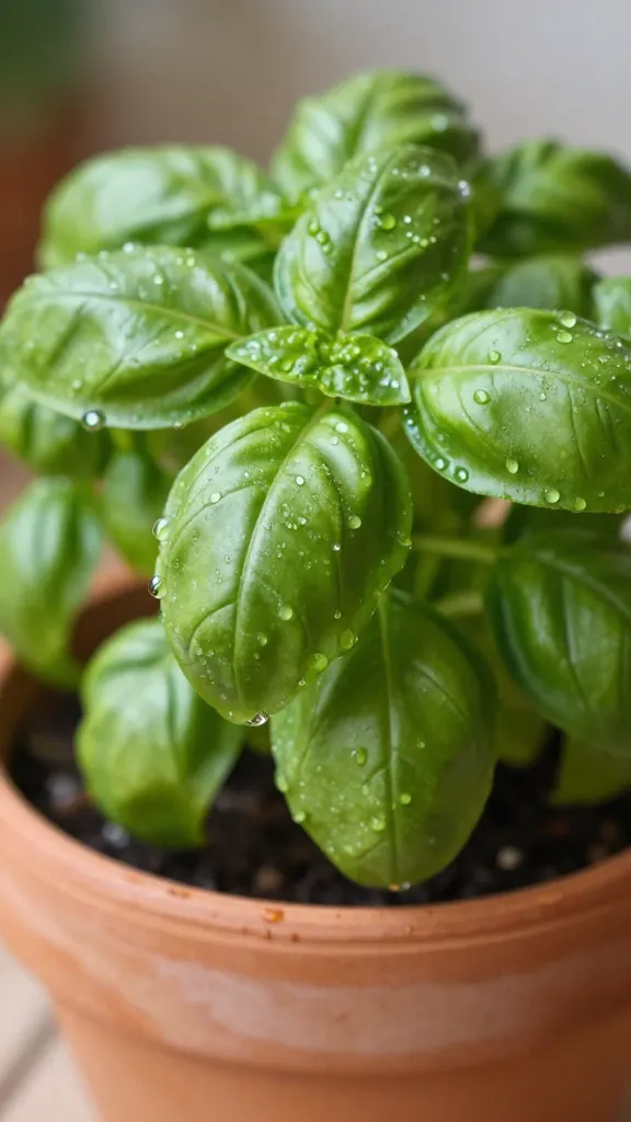 closeup of basil plant in terracotta pot, morning dew