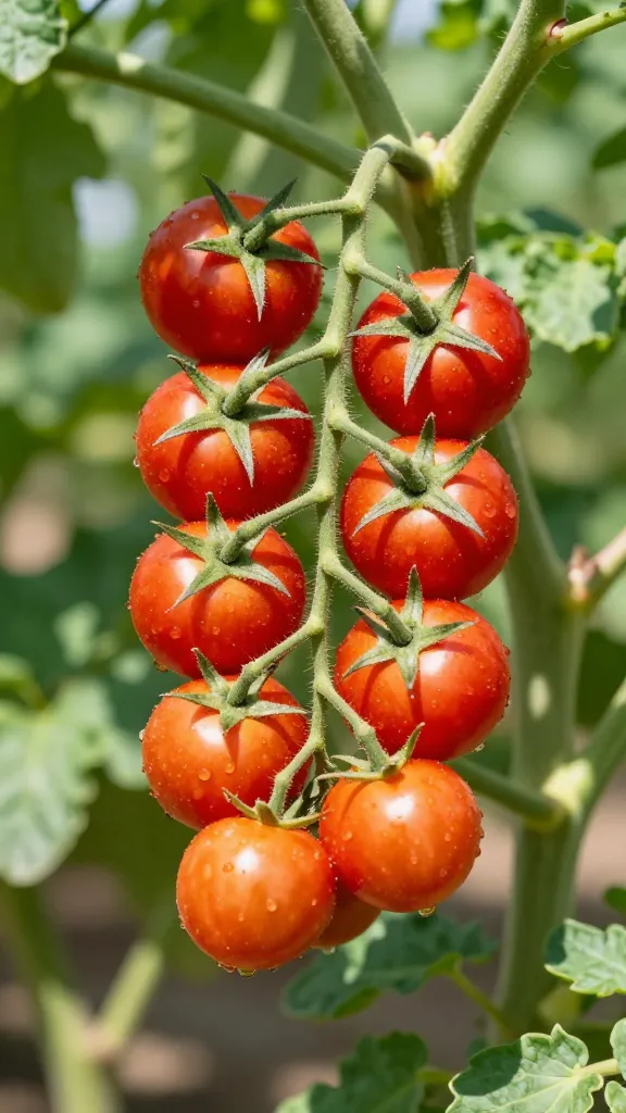 single cherry tomato cluster on vine, shallow depth, sunlit