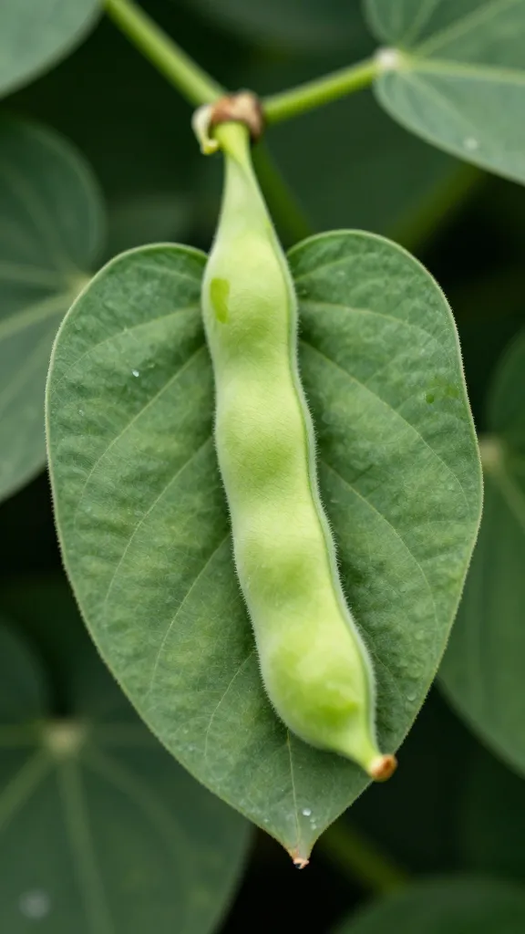 bush bean leaf with emerging pod, macro detail