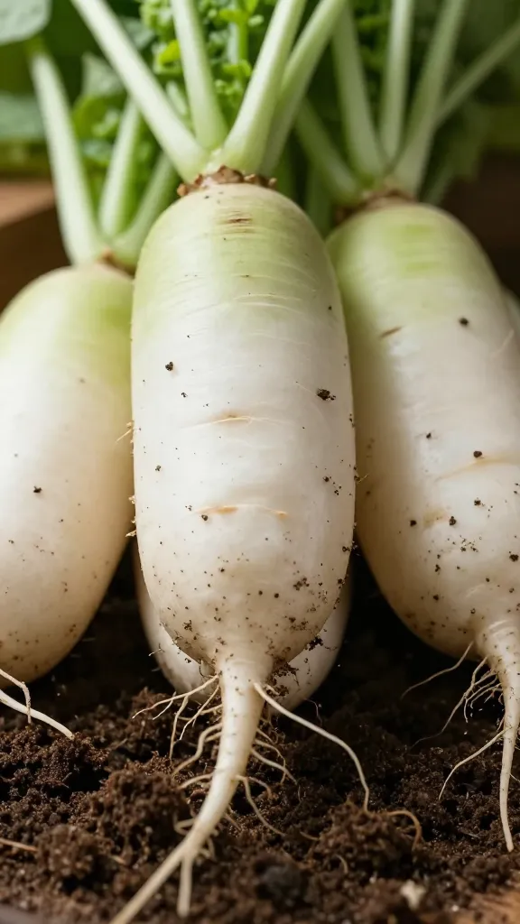 closeup of freshly pulled radish with soil on roots