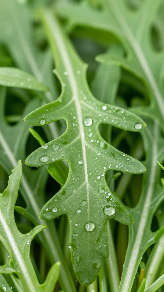 arugula rosette closeup, dew on serrated leaves