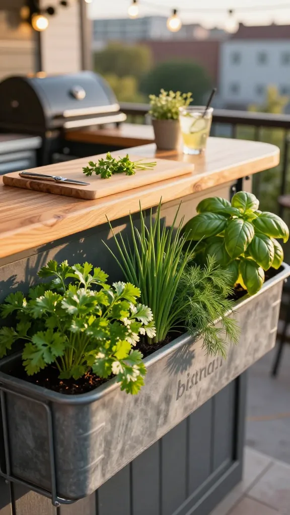 Realistic, high-resolution photo of a stylish “window box bistro bar” herb container mounted on a sunny balcony railing. The main subject is a long metal or cedar window box with visible drainage holes, densely planted with fresh, identifiable herbs: curly parsley, chives with slender tubular leaves, feathery dill, and lush basil. A sealed wooden cutting board or smooth cedar plank spans neatly across the top edge of the window box like a mini prep station, with a small pair of herb snips and a few freshly cut sprigs resting on the board. Golden late-afternoon sunlight creates soft highlights on the herbs and warm tones on the wood. Background shows a shallow-depth-of-field urban patio scene: grill and cocktail setup slightly blurred, string lights bokeh, and a subtle cityscape beyond the balcony. Natural colors, crisp detail on leaves and textures, realistic shadows, no text, lifestyle photography aesthetic, 50mm lens, f/2.8, ISO 200.
