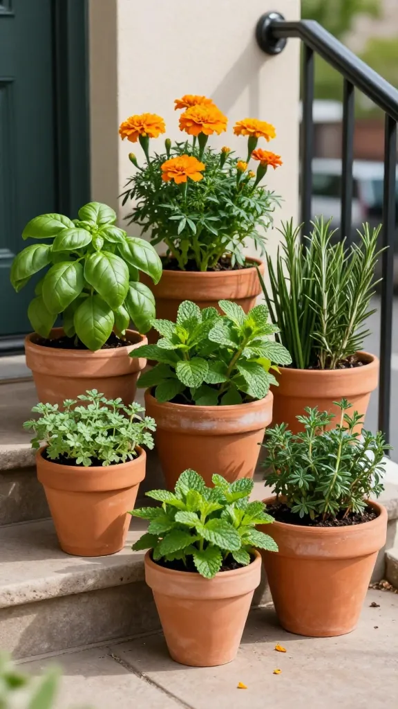 Realistic high-resolution photo of a color-coordinated clay pot cluster “herb flock” container garden on a small urban patio stoop; a tight grouping of terracotta pots ranging from tiny to chunky, with warm, sun-kissed clay tones and subtle patina; each pot contains a single herb: citrus basil paired with bright orange marigolds for pest control, glossy mint confined to its own medium pot, plus rosemary, thyme, chives, and flat-leaf parsley; lush, healthy foliage with varied textures and shades of green; pots subtly sealed inside (slightly deeper clay tone at rims) suggesting moisture retention; arranged in a staggered, designer composition on stone steps and a compact patio corner with dappled late-afternoon light; soft shadows, shallow depth of field, crisp detail on leaves and terracotta texture; a few fallen marigold petals and scattered soil for realism; background hints of a black metal railing and neutral wall, bokeh city greenery beyond; overall photogenic, flexible, easy-to-rearrange vibe; no labels or text, ultra-realistic natural color grading, 50mm lens look.
