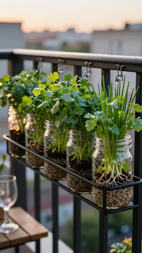 Golden-hour photo of a balcony railing herb garden featuring a black metal rail rack holding six clear mason jars clipped securely along the top rail; each jar has a thin gravel layer beneath rich potting mix for drainage and is densely planted with lush, dewy cilantro, curly parsley, and chives. Soft, low-angle sunlight creates warm highlights and gentle bokeh of a cityscape in the background. A pair of stemless wine glasses and a small wood side table hint at sunset drinks nearby. Subtle water droplets on jar rims and leaves suggest recent watering. The jars are arranged to show slight rotation differences, with healthy roots faintly visible through glass. Realistic textures: galvanized jar clips, faint scratches on the railing, fine herb fronds and chive blades. Color palette: fresh greens, warm amber light, neutral blacks and silvers. Shot on a full-frame camera, 50mm lens, shallow depth of field, high-resolution, natural light, no text.
