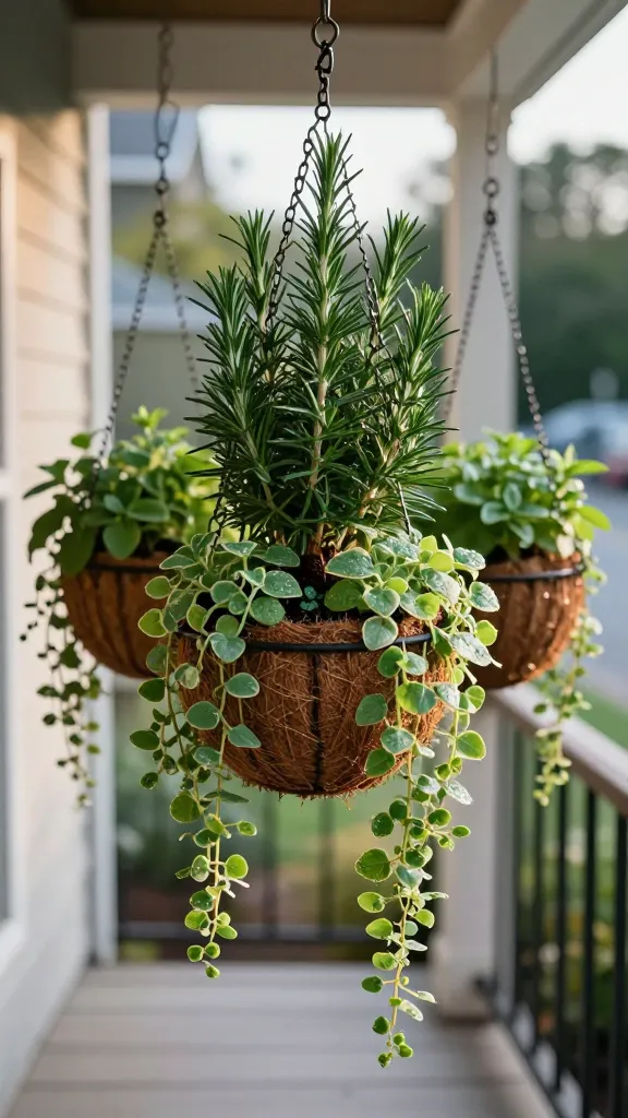 Realistic, high-resolution photo of a hanging herb basket trio on a small, shaded porch, captured in soft late-afternoon light. Each 12-inch round basket has a natural brown coco liner and hangs from black metal chains attached to a simple porch beam. In the center of each basket, a lush, upright rosemary plant rises with dark green, needle-like foliage. Along the edges, variegated trailing oregano and compact creeping thyme spill generously over the sides in cascading layers, with tiny leaves and delicate textures. The plants look healthy, dewy, and aromatic. Background shows a cozy, narrow porch with limited floor space, blurred for depth of field—hint of white siding, a black metal railing, and a faint street or garden beyond. Include details of a moisture-retentive potting mix just visible at the crown of the plants, and subtle sunlight catching the herb leaves as a light breeze moves the trailing stems. Natural color palette, no labels or text, realistic proportions, sharp focus on herbs, slight bokeh in the background.