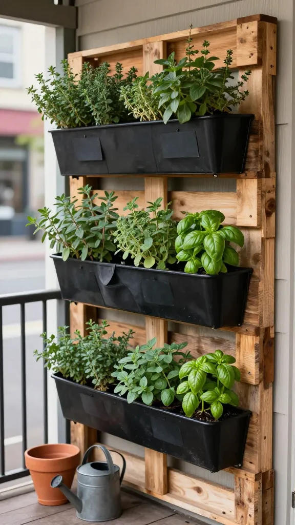Realistic high-resolution photo of a rustic vertical pallet wall herb garden mounted on a narrow porch, styled like a cozy cafe corner. The weathered wooden pallet is sanded, sealed, and securely fixed to an exterior wall with visible sturdy brackets. Attached to the pallet are evenly spaced black metal planter boxes and a few breathable gray fabric pockets, each overflowing with compact herbs: tight mounds of thyme, Greek oregano with small oval leaves, and dwarf basil with dense, glossy green clusters. Subtle chalkboard-style labels appear as matte black tag plates on the planters (no readable text), hinting at writable surfaces without any lettering. Soft morning light, shallow depth of field, and natural shadows emphasize textures of wood grain, herbs, and metal. Terracotta pots and a small watering can sit on the porch floor below, with a muted urban background and railing out of focus. Color palette: warm wood tones, deep greens, matte black accents, and soft neutrals. Photorealistic, crisp details, inviting and space-efficient composition.