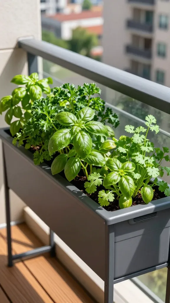 Realistic high-quality photo of a compact herb container garden on a sunny urban balcony featuring a sleek, matte charcoal self-watering trough planter with a subtle water-level indicator. The trough is densely planted with vibrant basil, curly parsley, and lush cilantro, all showing full, dewy leaves and vigorous growth, clearly thriving in steady moisture. The planter sits on a simple black metal stand above warm-toned wooden deck boards; behind it, a blurred cityscape and other balconies suggest heat and height. Harsh midday summer light creates crisp shadows, but the herbs look hydrated and fresh—no wilted or crispy edges. Small water droplets bead on some leaves, and a slight sheen hints at the built-in reservoir’s effectiveness. Composition is eye-level, slightly off-center, with shallow depth of field to keep the herbs and trough sharply in focus. Natural color palette with rich greens, charcoal planter, and warm wood tones; no visible branding, no text.
