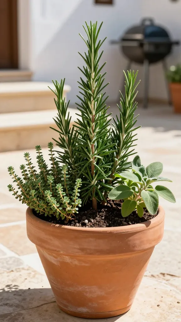 Realistic high-resolution photo of a mixed Mediterranean herb planter on a sunny patio: a wide, shallow terracotta bowl filled with a gritty, well-draining mix and planted with an upright rosemary as the central anchor, surrounded by mounding and lightly trailing thyme and oregano spilling over the rim, with soft, textured sage leaves adding contrast. The scene evokes a warm coastal vacation vibe—bright midday sun, crisp shadows, and a light breeze suggested by subtle leaf movement. Background shows sunlit stone steps and a whitewashed wall with soft bokeh, hints of a grill and olive-toned accents in the distance. Natural color palette: terracotta orange, silvery-green sage, deep green rosemary, and tiny thyme/oregano leaves. Ultra-detailed textures of the pot, soil grit, and herb foliage; shallow depth of field emphasizing the planter; no people, no text. Photorealistic, 85mm lens look, golden Mediterranean light.