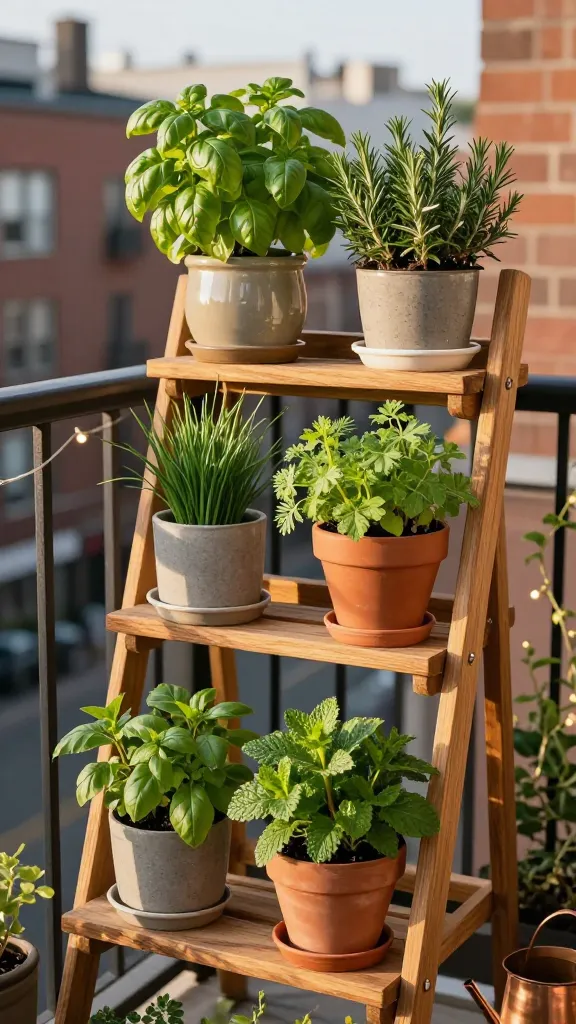 Realistic high-resolution photo of a tiered wooden ladder shelf on a small urban balcony, styled as a vertical herb library. The ladder shelf is secured with discrete brackets to a railing for stability and holds mixed pots for texture: glossy glazed ceramics, matte concrete cylinders, and warm terracotta. Arrange herbs by light needs: sun-loving basil, rosemary, and thyme in lush growth on the top tier catching late-afternoon sun; mid-light middle tiers feature chives, feathery dill, and delicate tarragon with vibrant green “leaf cover” foliage; lower tiers host thirstier mint and parsley with slightly shadier, softer light. Include pot saucers and a small copper watering can on a lower rung. Background shows a cityscape blur with neighboring brick buildings, string lights, and a few trailing vines. Natural golden-hour lighting, shallow depth of field, crisp botanical detail, subtle imperfections in the wood grain and pots, no labels or text, photorealistic, inviting renter-friendly vibe.