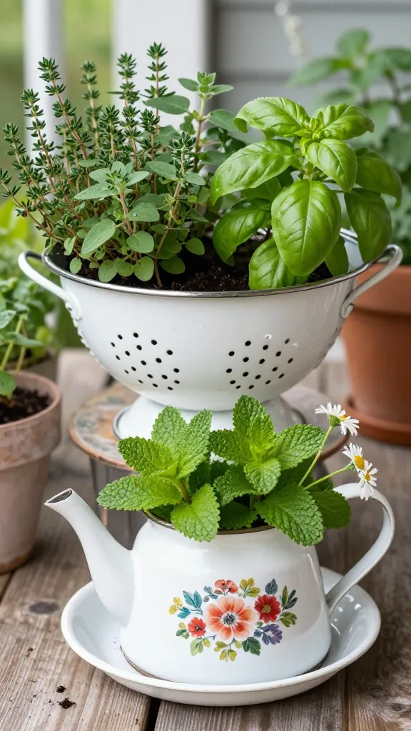 A bright, realistic close-up photo of a shabby-chic porch container garden featuring an upcycled white enamel colander and a vintage floral teapot used as planters, both with visible drainage. The colander overflows with fresh thyme, oregano, and small-leaf basil, its perforations clearly visible with a light patina; the teapot contains lush mint and delicate chamomile blooms, with a neatly drilled drainage hole visible underneath. Each planter is set on a mismatched thrifted saucer/tray to protect a weathered wooden porch surface. Soft morning light, shallow depth of field, and natural colors; hints of other potted herbs blurred in the background. Include subtle water droplets on leaves, a few spilled potting soil crumbs near the saucers, and a cozy, lived-in, shabby-chic vibe. No labels or text. Realistic, high-resolution photography.