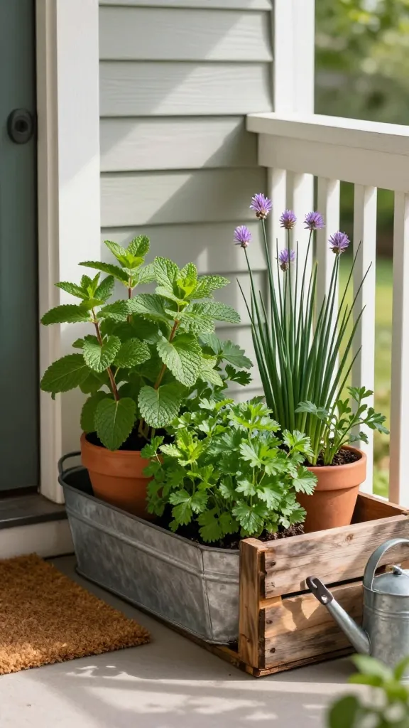 Realistic high-resolution photo of a compact, stylish herb container garden on a shaded porch that gets only morning sun. Focus on a cozy “shade-tolerant herb nook” arranged near a door for easy snipping: a small cluster of containers including a galvanized metal trough, a terracotta pot, and a weathered wooden crate. Clearly identifiable herbs: lush mint spilling over the edge, lemon balm with soft, serrated leaves, curly and flat-leaf parsley in dense green mounds, and slender chives with upright, tubular leaves and a few delicate purple blossoms. Soft, cool morning light filtering in from the side, with dappled shade cast by a porch railing and nearby foliage. Subtle details: a natural coir doormat by the door, a pair of garden snips resting on the crate, and a small watering can tucked beside the containers. Background shows a calm residential porch with neutral siding, muted tones, and a hint of greenery beyond. Photorealistic, shallow depth of field highlighting the herbs’ textures and freshness, no text.